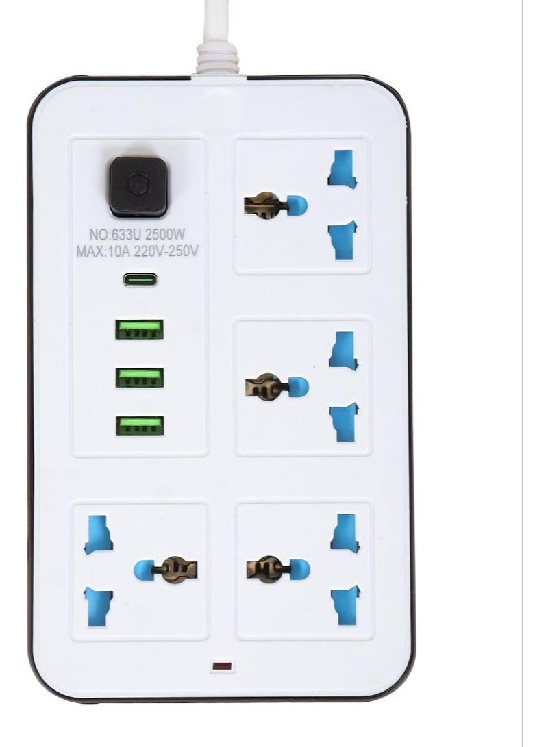 Power Extension Socket, Power Strip with USB, 3 USB Ports & 1 Type C | Independent Power Switch, Max 1A, Overload Protection & Child Safety, 2 Meter Extension Cord - Image 1